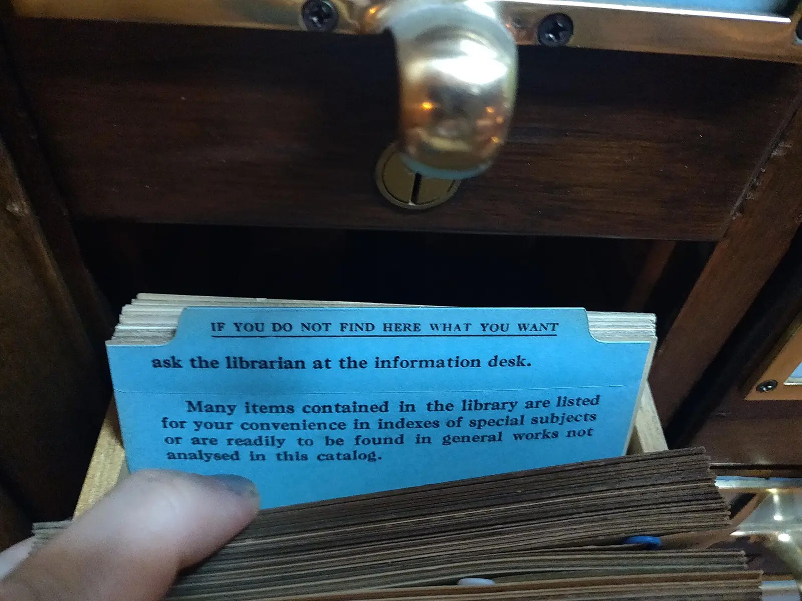 A drawer of library catalogue cards, pulled open